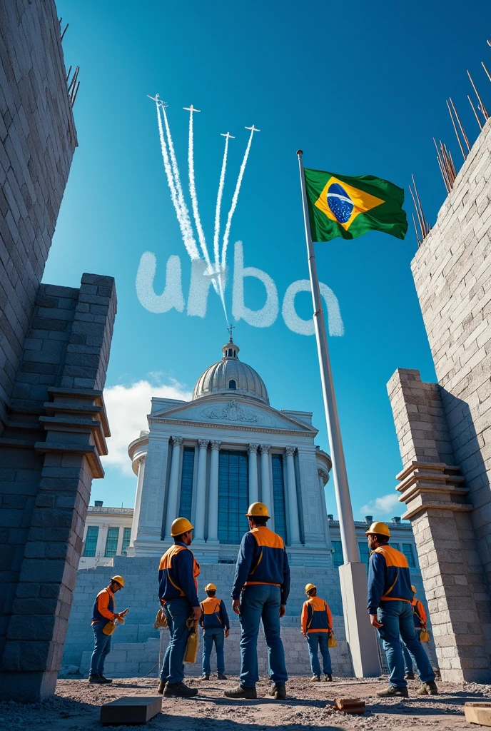 Realistic 8K image showing bricklayers working on the construction of the Planalto Palace, highlighting the building's iconic architecture. All workers are using Personal Protective Equipment (epis) blue in color, which include helmets, vests and gloves. Ao fundo, there is a Brazilian flag highlighted, symbolizing September 7th. The sky is a vibrant blue, with planes writing the word 'URBPLAN' in green and yellow colors, in allusion to the celebration of Brazil's independence. The image has predominant tones of blue, reinforcing the connection with the visual identity of the building and the commemorative event