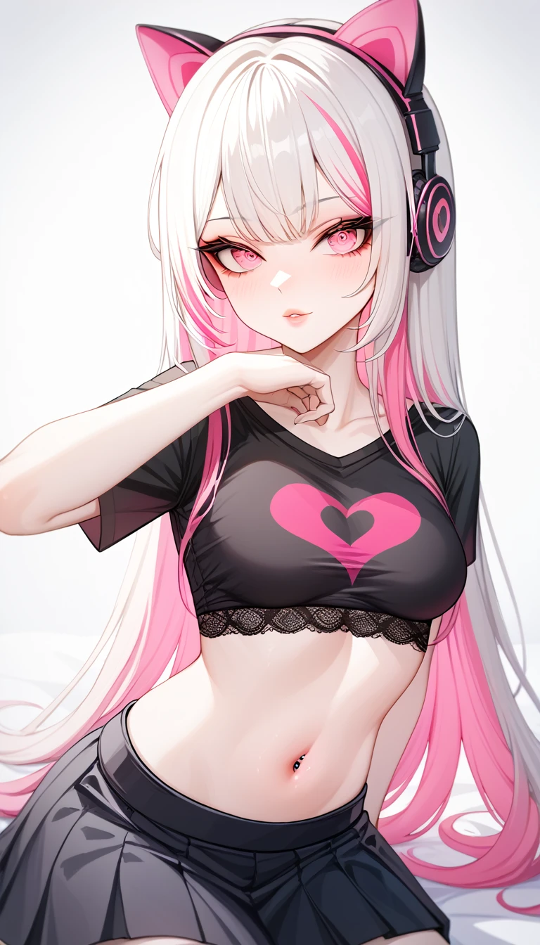 1 Girl, Medium Breasts, Demon Girl, Long White Hair, Pink Highlights In Hair, Smooth Skin, Pale Skin Tone, Nice Eyes, Light Pink Eyes, Nice Lips, Light Blush, Anime Goth Demon Girl, Wearing a Black Skirt and Lace Crop Top Shirt, Choke, Wearing Cat Ear Headphones, Ulzzang, Upper Body Shot, Close Up, Kneeling Down