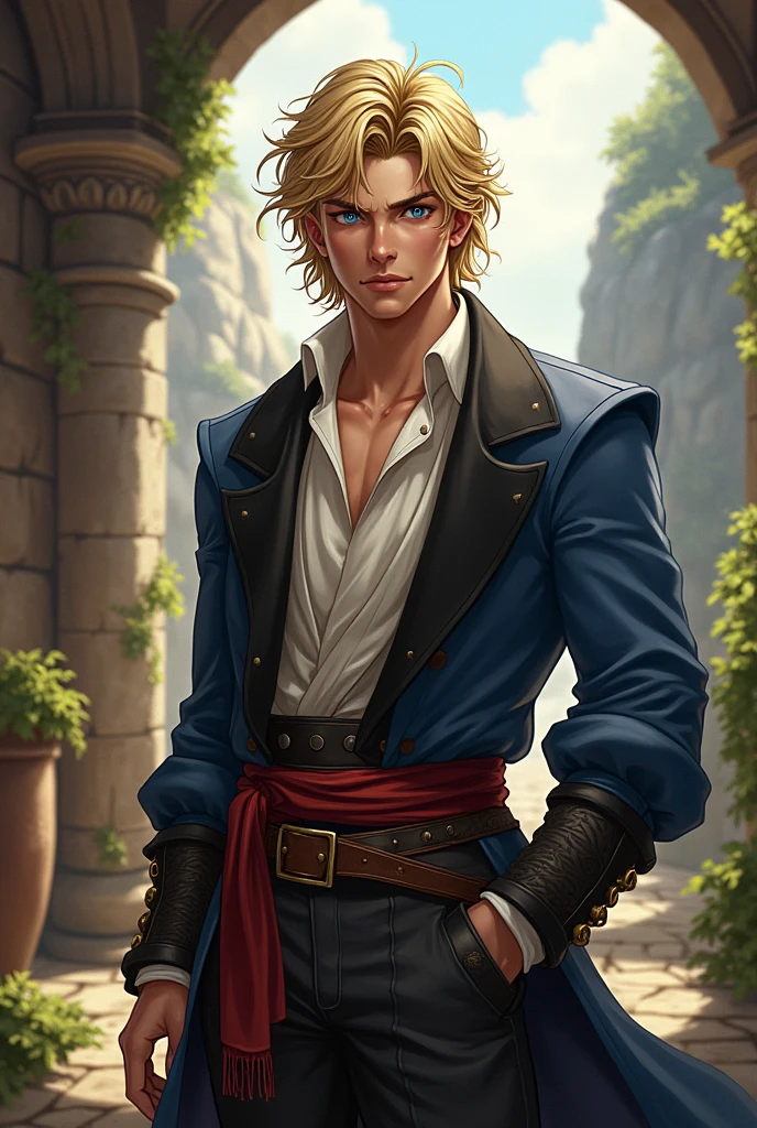 A bard, Mediovale, masculine trait, naughty man, Youngh, age 25, blue eye, blond, loose, shoulder-length hair, rich face, not anime style, gallant face, snobbish face, the way you want