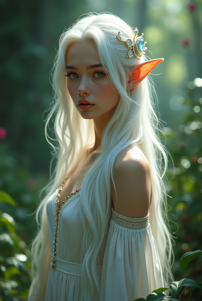 elf woman, white hair, slim waist, highly detailed full body, realistic, 4k.