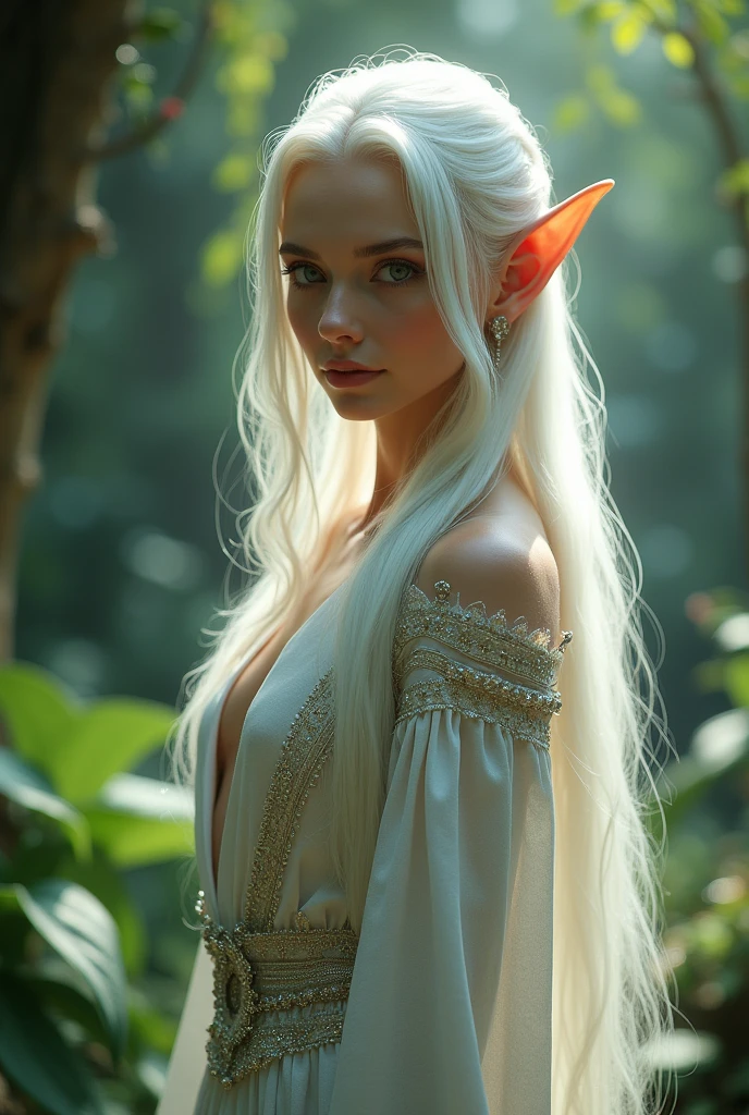 elf woman, white hair, slim waist, highly detailed full body, realistic, 4k.
