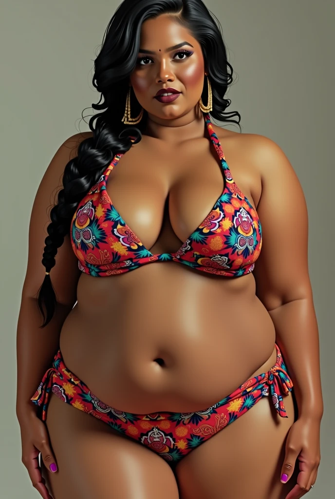 Bengali woman with a thick curvy body and , slight curly one braided haird touching hips, big juicy lips and seductive look in bikini