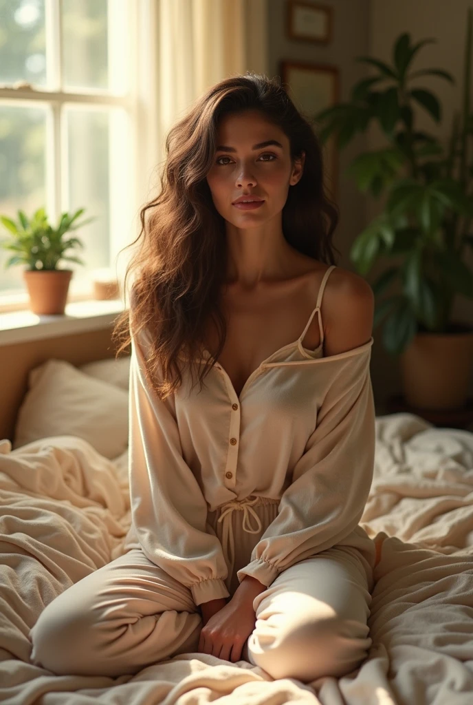 (photorealism:1.2), beautiful woman, sitting on bed, wearing loose off-shoulder top, pajama pants, long curly hair, indoors, soft lighting, plants in background, window with sunlight, cozy room, relaxed pose, realistic, intricate details, warm colors, by Greg Rutkowski, by Alphonse Mucha
