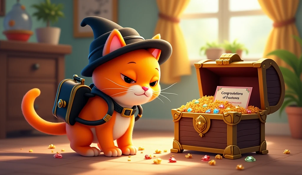a whisker orange cat with black hat and backpack in home found a beautiful wooden chest adorned with jewels find a sparkling collar with a note congratulation for kids cartoon