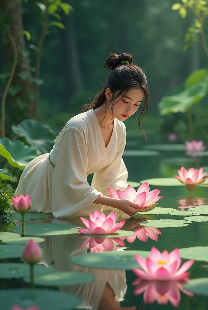Shapla is picking flowers from the pond