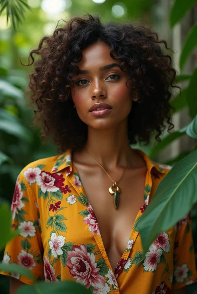 A Brazilian woman in a lush tropical garden, wearing an open shirt with a floral print, with a close-up capturing the harmonious beauty between her breasts and the natural flowers, showing off your natural charm and outgoing personality.
