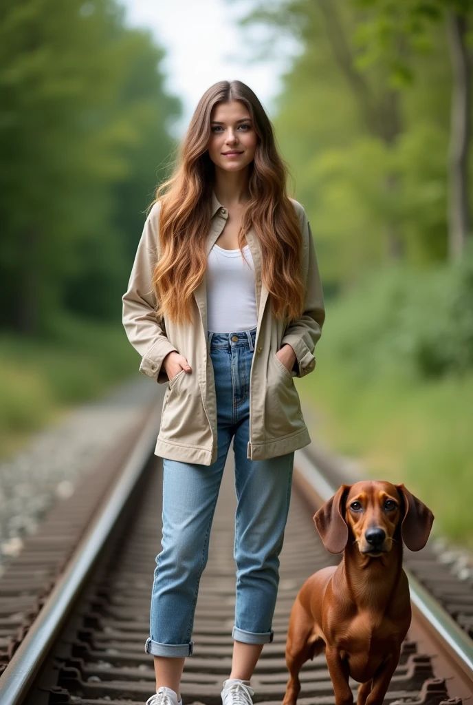 : "A girl with long wavy hair standing confidently in an outdoor setting, similar to the one in the uploaded image. She is accompanied by a friendly Dachshund dog by her side. The scene features a natural, peaceful background, like a quiet railway track surrounded by greenery, to match the vibe of the original photo."
}
```