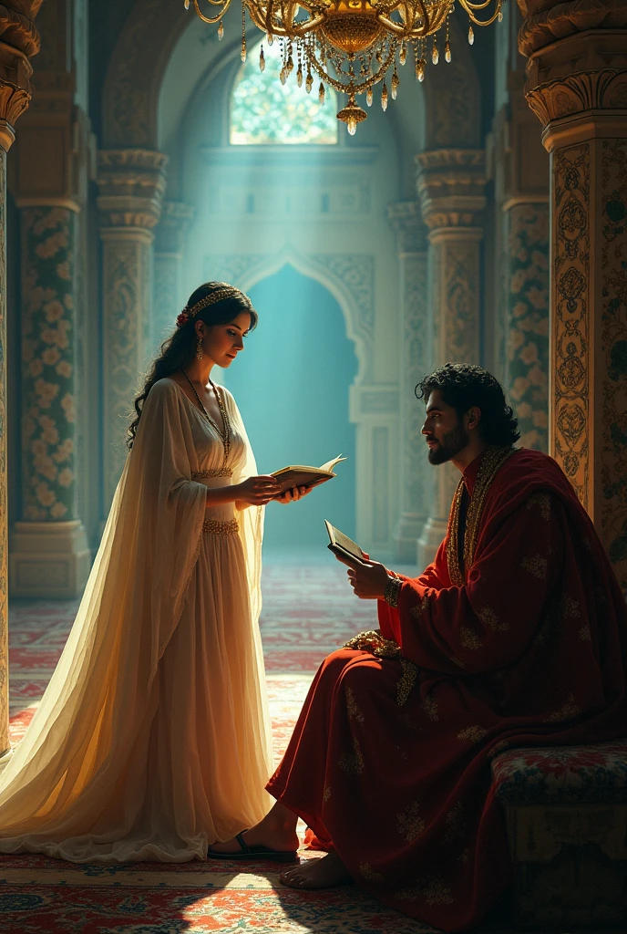 Sheherazade's stories captivate the King, her words creating a surreal, dream-like atmosphere.