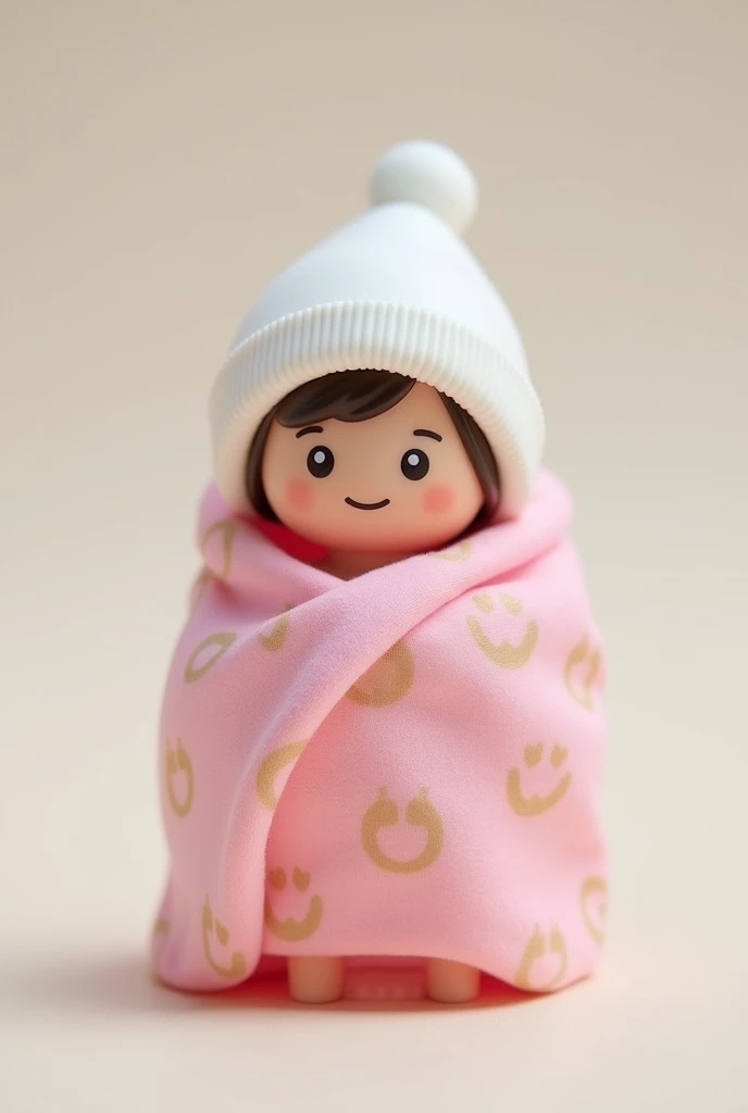 A play mobil toy figure only has a face :) Static baby girl with white hat pink blanket with smiley face in a baby carrier very basic simple design from 1990 without details