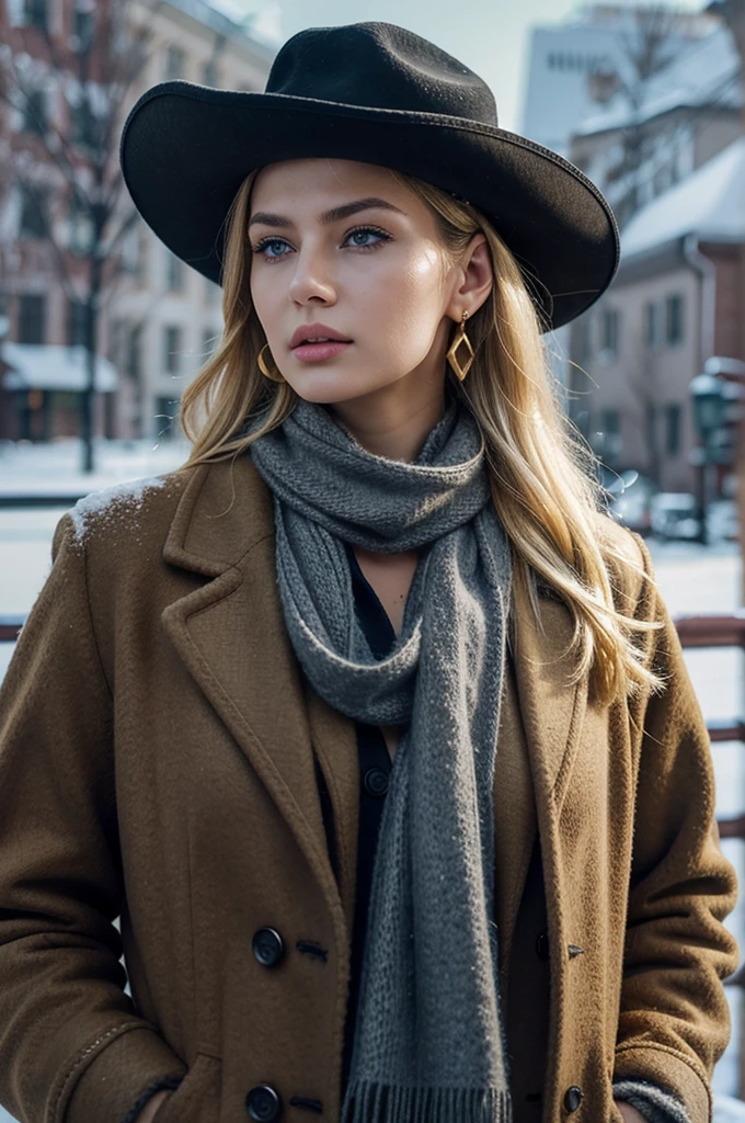  Cowboy shot , standing pose, before Moscow Church, looking at viewer,  Russian girl, 1 old, (Blond hair, middle hair ,  wince, Gray eyes, beautiful lip,  serious),  gold crescent earrings, gold neckless, (Black Mink Cossack hat, Overcoat for cold weather, Blue Denim, White cashmere scarf,  knit wool gloves) ,  winter, fall snow,  Moscow city, textured skin , HI detailed skin, (foreshortening, Canon, anatomically correct,  super detail, high details, highness, 