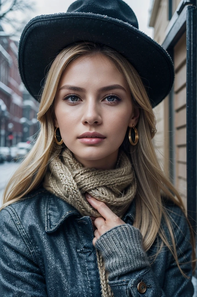 Cowboy shot , standing pose, before Moscow Church, looking at viewer, Russian girl, 1 old, (Blond hair, middle hair , wince, Gray eyes, beautiful lip, serious), gold crescent earrings, gold neckless, (Black Mink Cossack hat, Overcoat for cold weather, Blue Denim, White cashmere scarf, knit wool gloves) , winter, fall snow, Moscow city, textured skin , HI detailed skin, (foreshortening, Canon, anatomically correct, super detail, high details, highness,