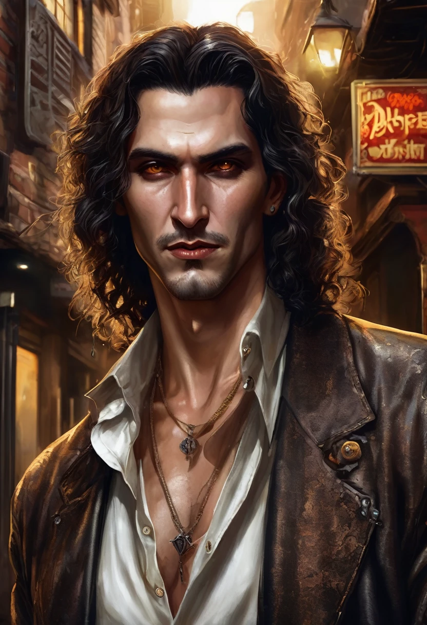 (good quality), (many details), (masterpiece), man in his early 30s, open shirt, jeans pants (cut out), trickster, broad hair in brown curls, bold, scar on eye, golden earring on left ear, talisman, hard face, at night in an alley, at the end of the alley a fair can be seen, realistic, vampire, like a foto
