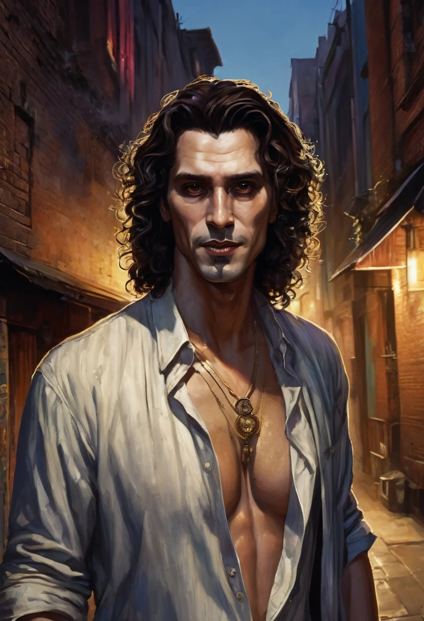 (good quality), (many details), (masterpiece), man in his early 30s, open shirt, jeans pants (cut out), trickster, broad hair in brown curls, bold, scar on eye, golden earring on left ear, talisman, hard face, at night in an alley, at the end of the alley a fair can be seen, realistic, vampire, like a foto