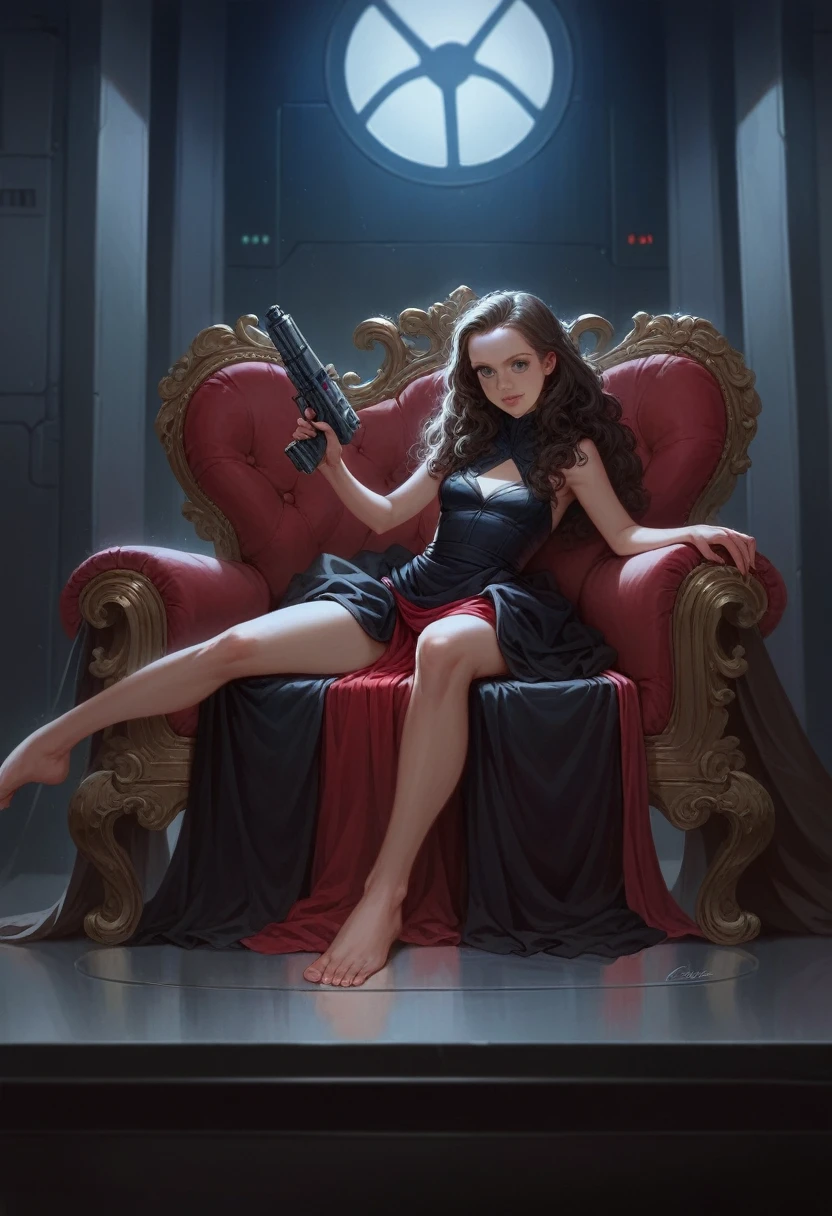 obra maestra, mejor calidad, Emilia Clarke as Qi'ra, brunette curly long hair, sitting in a futuristic room throne room near a window at night, wide open eyes, open legs, wears a mini red futuristic dress , misterious, masterpiece, 8k, dinamic pose, holding a star wars gun