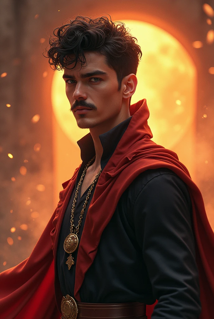 a young man in his twenties, he is from fantasy world, he is king of mars, he is tall and skinny but very athletic, he has short currly dark brown hair and deep magnetic deep eyes, he has mustaches, he’s race is white, he is handsome, very beautiful, , breathtaking beautiful he is real king amazing and brave, strong masculine man, angel of death beauty, sexy