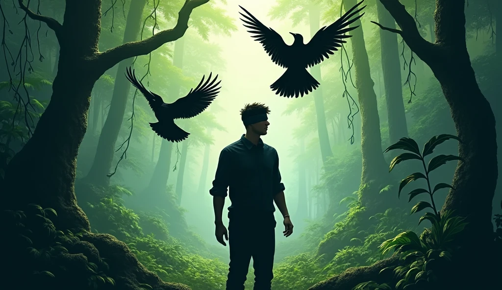 Blindfolded man in the jungle with two black birds flying over his head