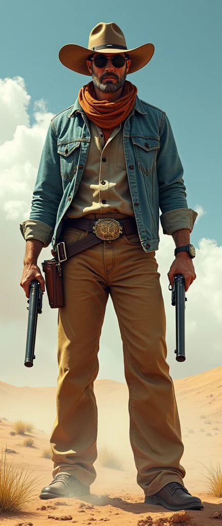 The best possible quality, 8K Ultra Resolution, Awesome illustration, The best of all, Award-winning, how to be the best, Cowboy Hat Leather Belt Buckle, weapons in each hand, Action Pose Adds effect at the end.., jeans jacket, scarf neck length, Sunglasses, light Brown wide pants, ((cian, Brown, white colors: 1.5)), epic desert setting: 1.5, photorealistic: 1.4, skin texture: 1.4, super masterpiece, Super detailed, hyper detailed, 32K