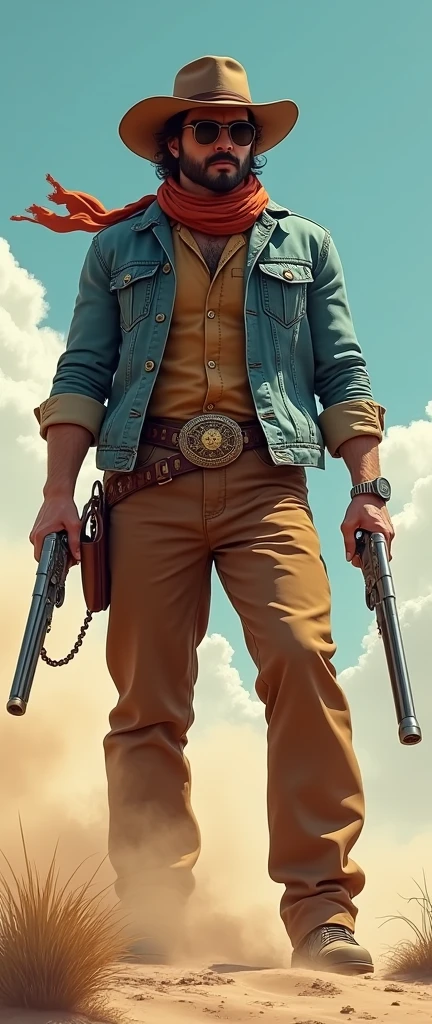The best possible quality, 8K Ultra Resolution, Awesome illustration, The best of all, Award-winning, how to be the best, Cowboy Hat Leather Belt Buckle, weapons in each hand, Action Pose Adds effect at the end.., jeans jacket, scarf neck length, Sunglasses, light Brown wide pants, ((cian, Brown, white colors: 1.5)), epic desert setting: 1.5, photorealistic: 1.4, skin texture: 1.4, super masterpiece, Super detailed, hyper detailed, 32K