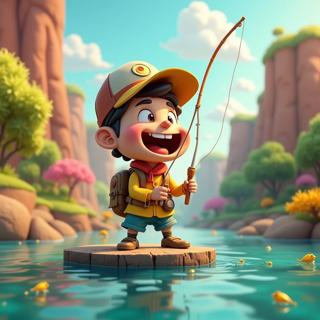 angler Fishing, scene of pure joy and happiness, professional 3D cartoon character design, whimsical animation, vibrant personality, exaggerated features, dynamic pose, expert character design, colorful textures, engaging storytelling, versatile animation styles, captivating visuals, imaginative concepts, playful interactions, high-quality rendering, volumetric, (best quality, masterpiece, photorealistic), very aesthetic, perfect composition, intricate details, ultra-detailed, vivid colors