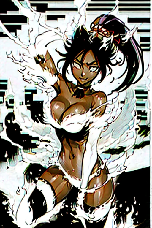 1girl animal_ears arm_support black_hair bleach bleach:_sennen_kessen-hen breasts cat_ears cat_girl cat_tail choker cleavage commentary_request convenient_arm curvy dark-skinned_female dark_skin electricity electrokinesis full_body greyscale hair_ears highres ken'ichi_(ken1ro_u) kneeling large_breasts light_smile long_hair looking_afar monochrome parted_bangs parted_lips ponytail shihouin_yoruichi simple_background sketch solo tail thighhighs thighs traditional_media tsurime very_long_hair white_background white_thighhighs
