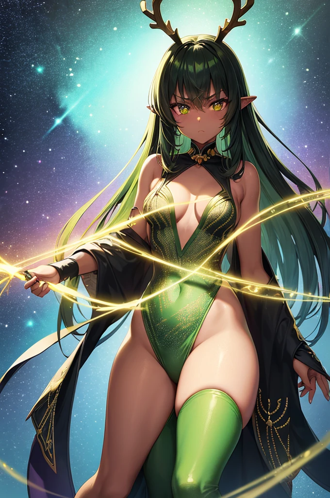 prismatic coloration, holographic environment, young African girl, Deep black skin, Beautiful, elven ears, serious glare, ponytails, deep green hair, Heterochromia with deep one eye green & one eye Gold, D-cup, lithe, fit, Modest-attire, full-body, slender legs, beautiful eyes, freckles, leaf green eyebrows,  (long straight prismatic reindeer_antlers:1.2), wielding light magic, Battle stance, grassy aura, mythic flowing Black-Purple-Green cloak with Golden Floral designs, Safe-For-Work