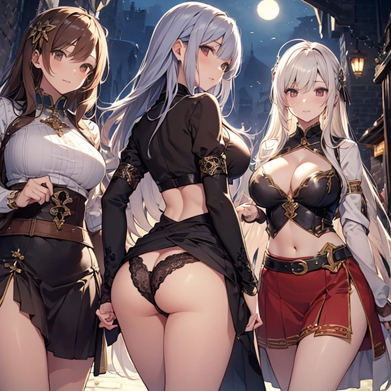 A group of female dancers set in a medieval fantasy setting、 (At the pub), Mr.々Hair style, Harem, night, Detailed aspect, skirt, Seduce, No sleeve、showing off panties、Huge Breasts、Big Ass、wide waist width、skirtをたくし上げている