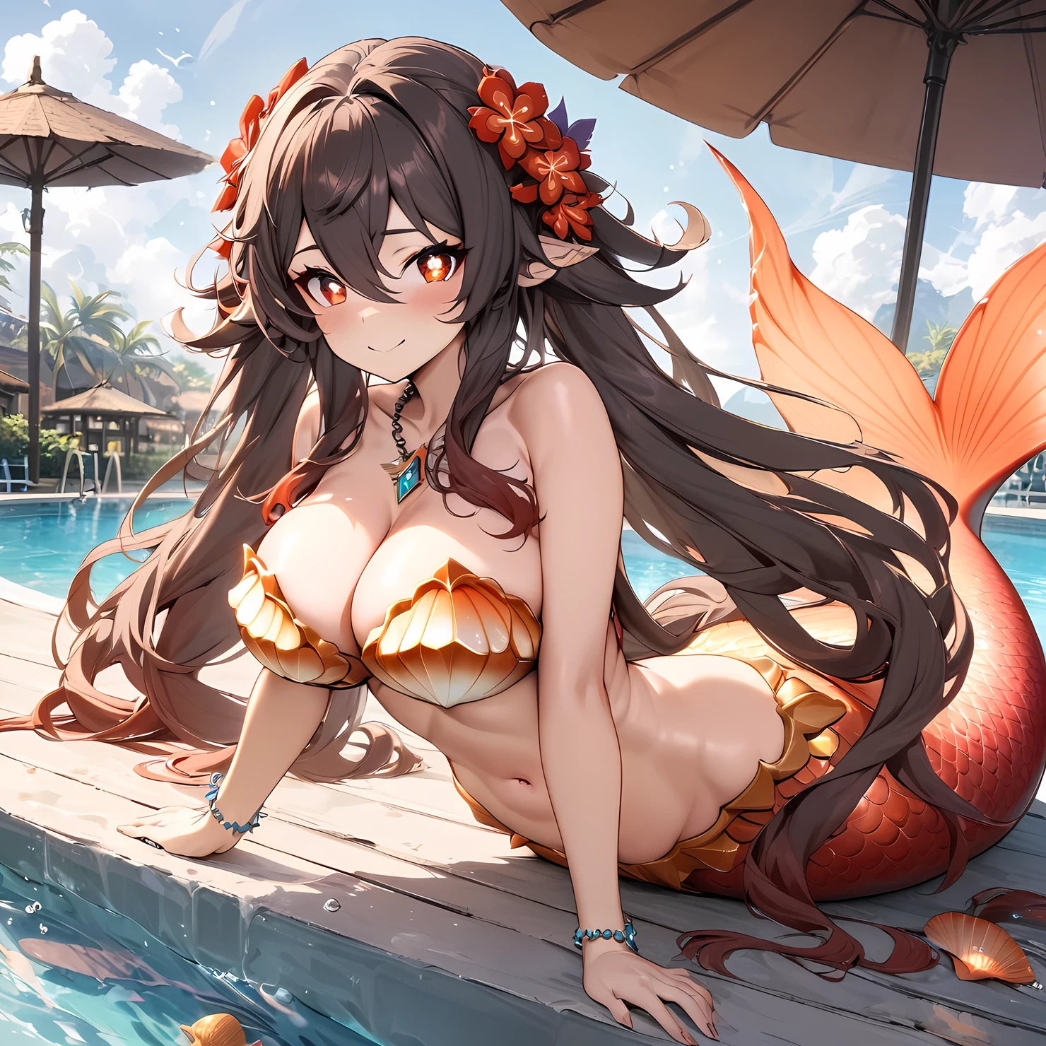 (masterpiece), best quality, expressive eyes, perfect face,1girl,hu tao_(genshin impact),monster girl,mermaid,head_fins, shell, strapless_bikini, fins, seashell, shell_bikini, shell_hair_ornament,(beautiful mermaid tail:1.4),big breasts,cleavage,(brown and orange gradient scales),navel,full body,beach resort,poolside,pointy ears,long hair,(necklace),(strapless shell bikini),smiles