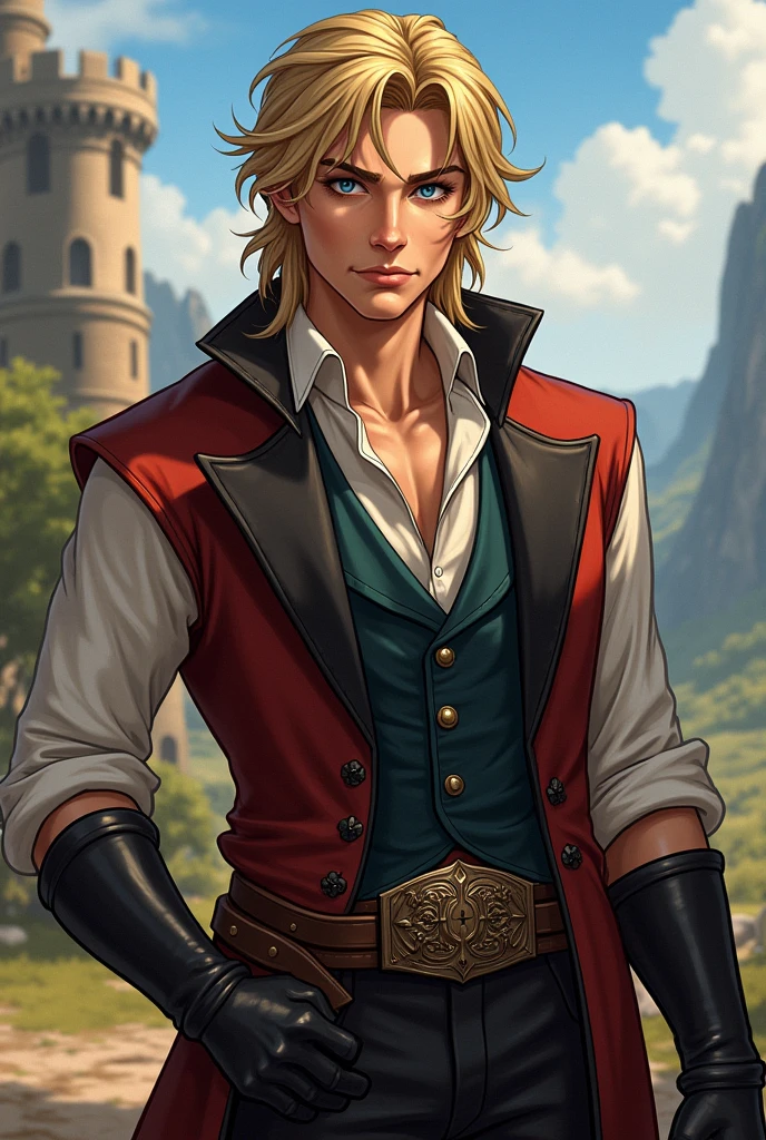 A bard, Mediovale, masculine trait, naughty man, Youngh, age 25, blue eye, blond, loose, shoulder-length hair, rich face, not anime style, gallant face, snobbish face, the way you want, minder  