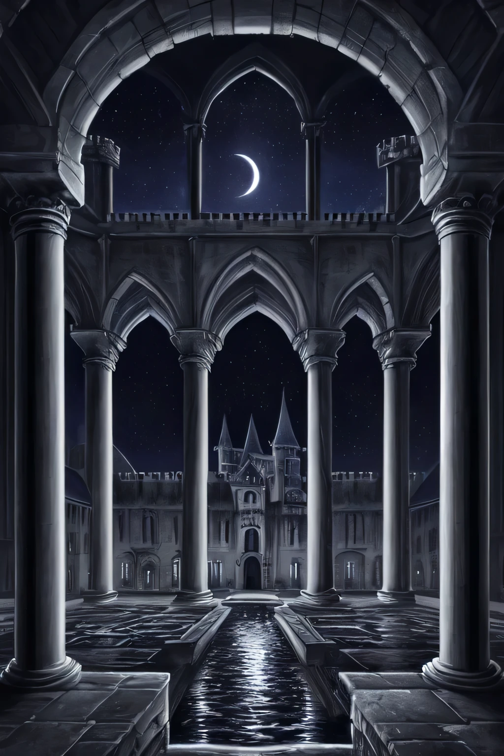 por YiffyMix, ((best qualityer)), ((work of art)), ((detailded)), courtyard of a castle, open sky, nighttime view, distant view of water, water that reflects the moonlight, courtyard with black and white columns, central square stone