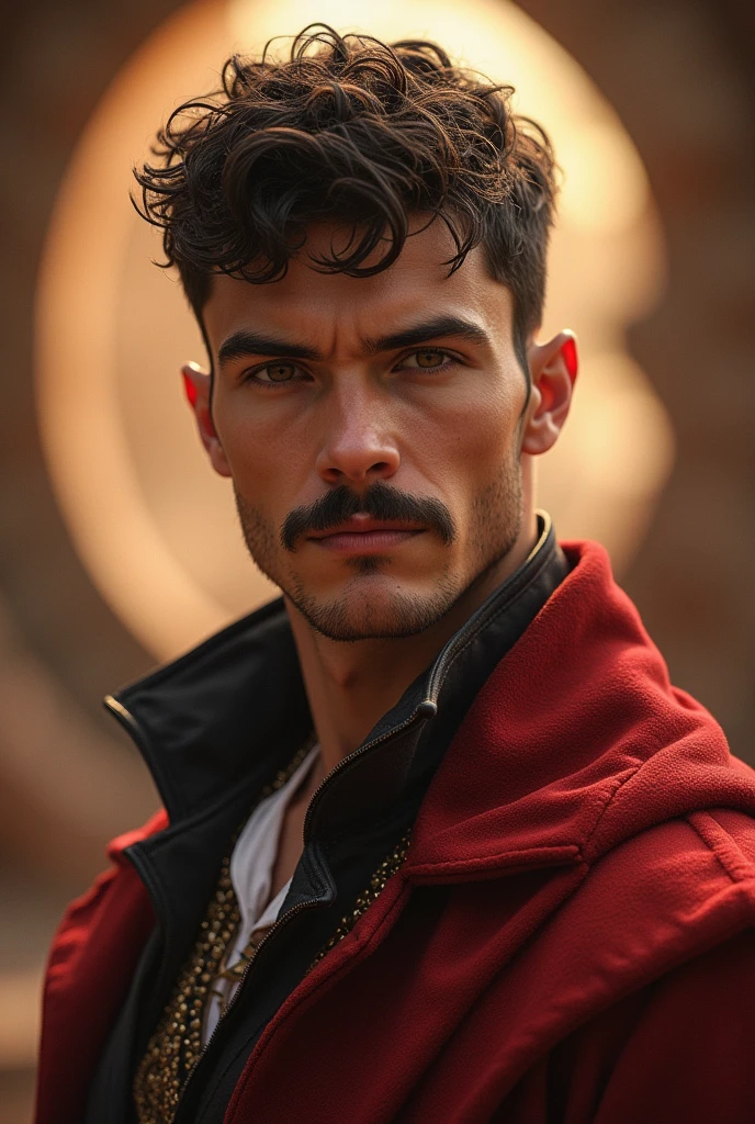 a young man in his twenties, he is from  fantasy world, he is king of mars, he is tall and skinny but very athletic, he has short currly dark brown hair and deep magnetic deep eyes, he has mustaches, he’s race is white, he is handsome, very beautiful, , breathtaking beautiful he is real king amazing and brave, strong masculine man, angel of death beauty, sexy