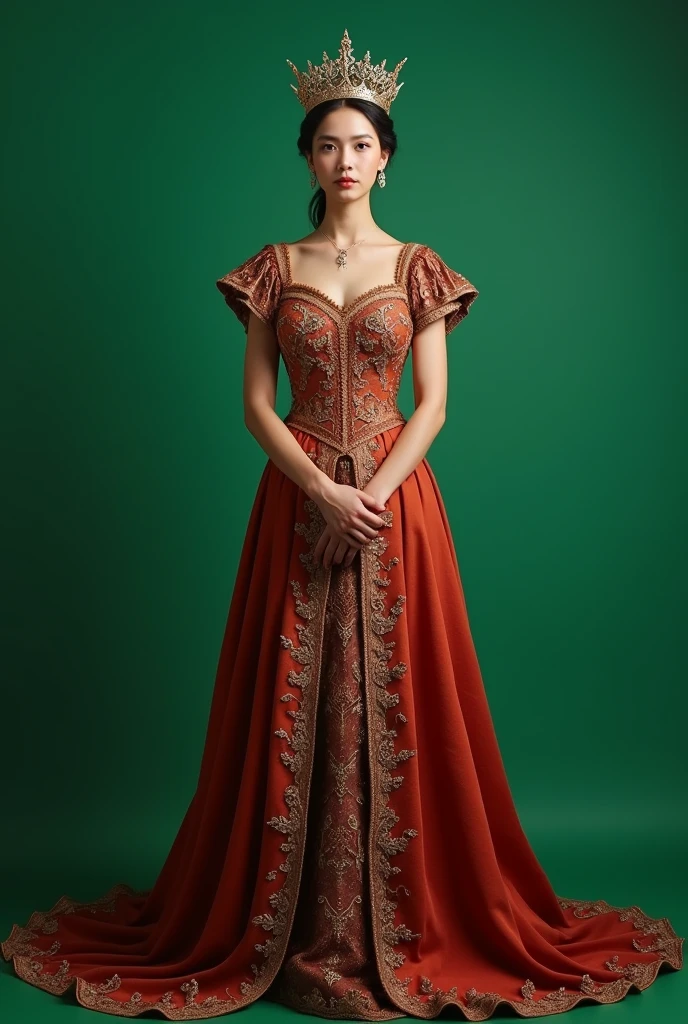 crown on the head ,A queen , colour queen dress, front full viewed , full size view
, plain green screen background