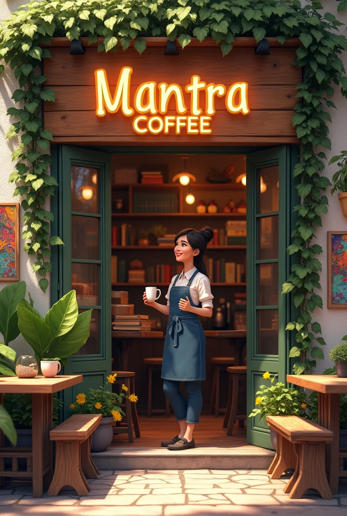Entrance to a cafe with wooden tables outside, with a sign that says mantra coffee, illuminated, with plants, books, colorful paintings. At the entrance a female Barista with a cup of coffee in her hand and a smile on her face. He addresses the audience with enthusiasm.