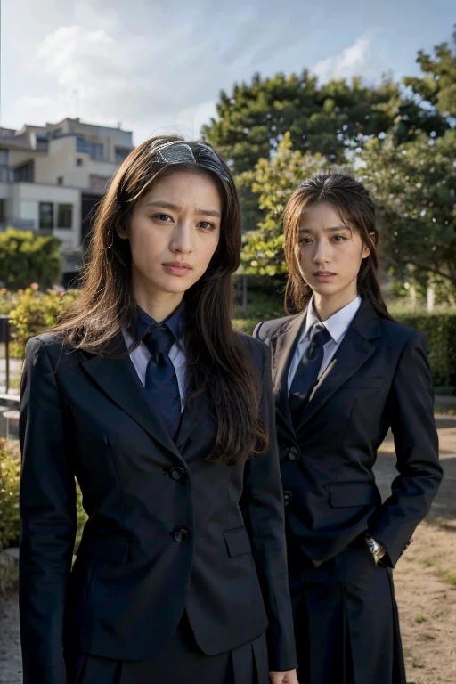 highest quality，ridiculous，Dramatic，2 Arav ladies wearing realistic school uniforms，2 female students，Very detailed details of the face，Real skin texture，HD Skin，Night view，Standing in the school square, Still image of 007, Pageant rendering, model, Luxury, Shoulders visible, Network mode, Still frame from movie - ar 16:9 