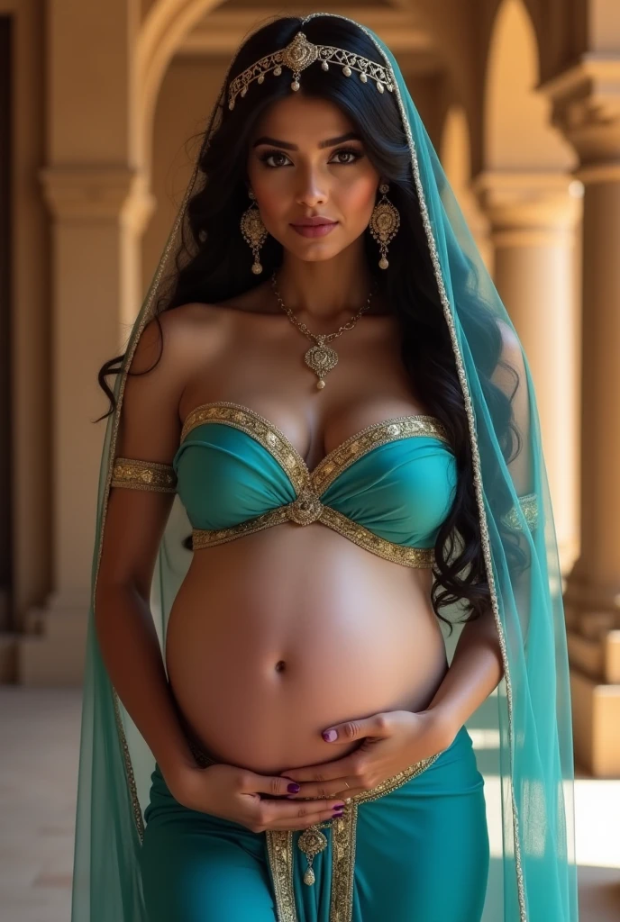 A stunning portrait of Princess Jasmine She is pregnant, holding her belly, the blue genie is holding her, location is ancient Arabia, Mesopotamia, ancient India, temple, young and beautiful, hyper realistic, real portrait, backlit, exquisite features, cleavage, sexy, seductive, natural light, soft light, pregnant, large belly, embodiment of love, bare belly,