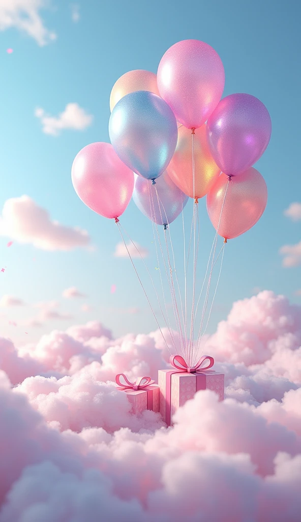 Sky,pastel rainbow ballons,sparkle,fluffy clouds,gifts,party,8k,best quality,masterpiece,high resolution.