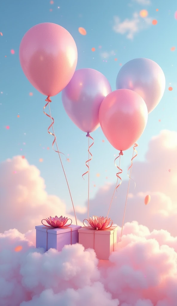 Sky,pastel rainbow ballons,sparkle,fluffy clouds,gifts,party,8k,best quality,masterpiece,high resolution.