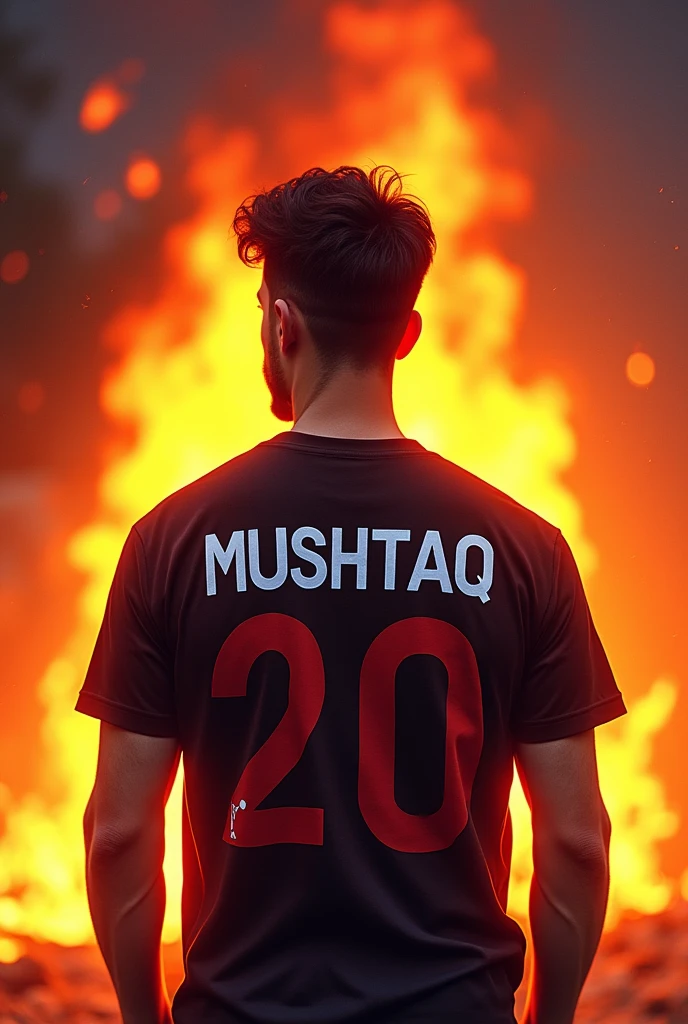 writing mushtaq name on teashat age 20 in back side and background fire 