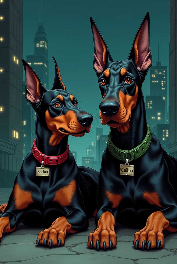 I want a realistic drawing where a Doberman dog with a red collar and a tag that says Bucker is lying next to a Doberman dog with his ears down and looking angry with a green collar that says Caillou., with a background of a city at night