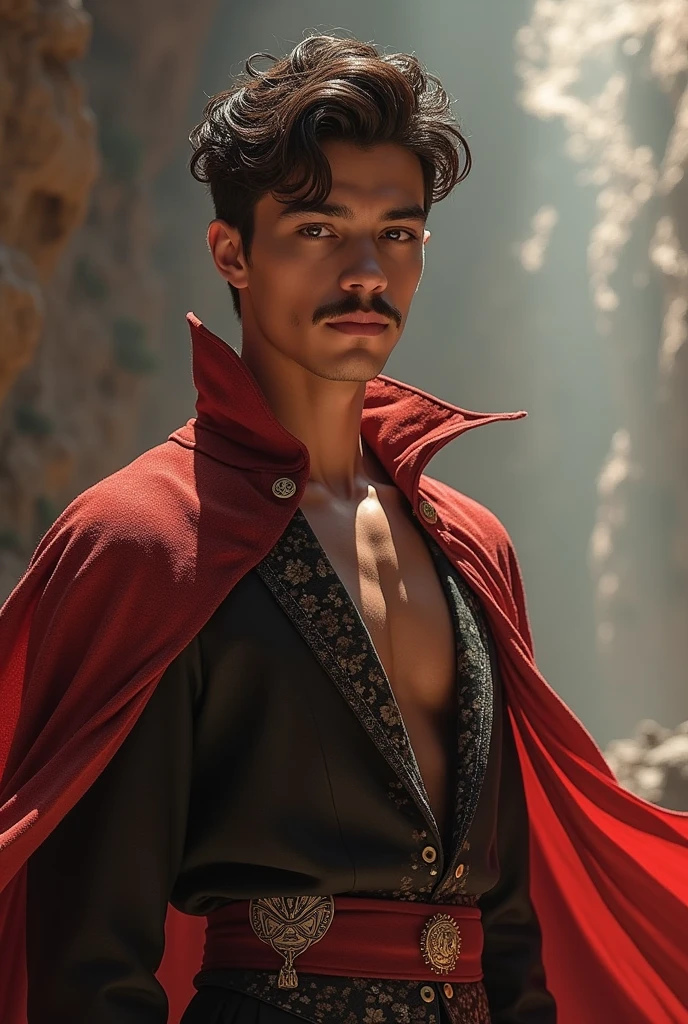 a young man in his twenties, he is from fantasy world, he is king of mars, he is tall and skinny but very athletic, he has short currly dark brown hair and deep magnetic deep eyes, he has mustaches, he’s race is white, he is handsome, very beautiful, , breathtaking beautiful he is real king amazing and brave, strong masculine man, angel of death beauty, sexy