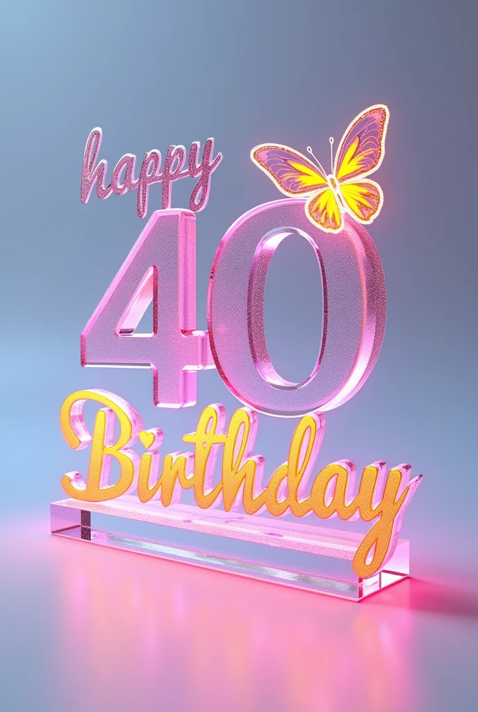 A captivating 3D glass render of the word " happy 40th birthday kanu didi" skillfully crafted into an elegant and sophisticated logo. The name is written in a graceful, flowing font, adorned with a tiny heart and a mesmerizing transparent, iridescent butterfly. Each letter is illuminated with vibrant neon shades of pink, blue, yellow, purple, green, and orange, adding a touch of modernity and charm. The logo stands out brilliantly against a clean white background, serving as a striking centerpiece. This enchanting design would be an ideal choice for a cinematic poster or architectural rendering, commanding attention and versatility across various applications.,
illustration, cinematic, 3d render, poster,typography, architecture, photo