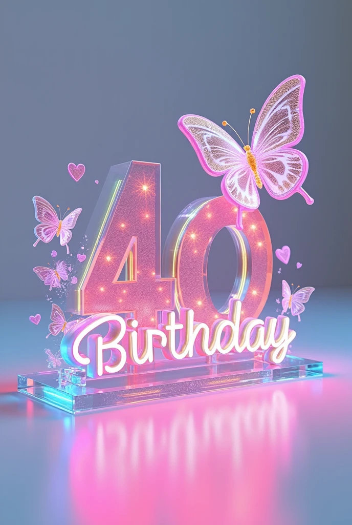 A captivating 3D glass render of the word " happy 40th birthday kanu didi" skillfully crafted into an elegant and sophisticated logo. The name is written in a graceful, flowing font, adorned with a tiny heart and a mesmerizing transparent, iridescent butterfly. Each letter is illuminated with vibrant neon shades of pink, blue, yellow, purple, green, and orange, adding a touch of modernity and charm. The logo stands out brilliantly against a clean white background, serving as a striking centerpiece. This enchanting design would be an ideal choice for a cinematic poster or architectural rendering, commanding attention and versatility across various applications.,

illustration, cinematic, 3d render, poster,typography, architecture, photo

