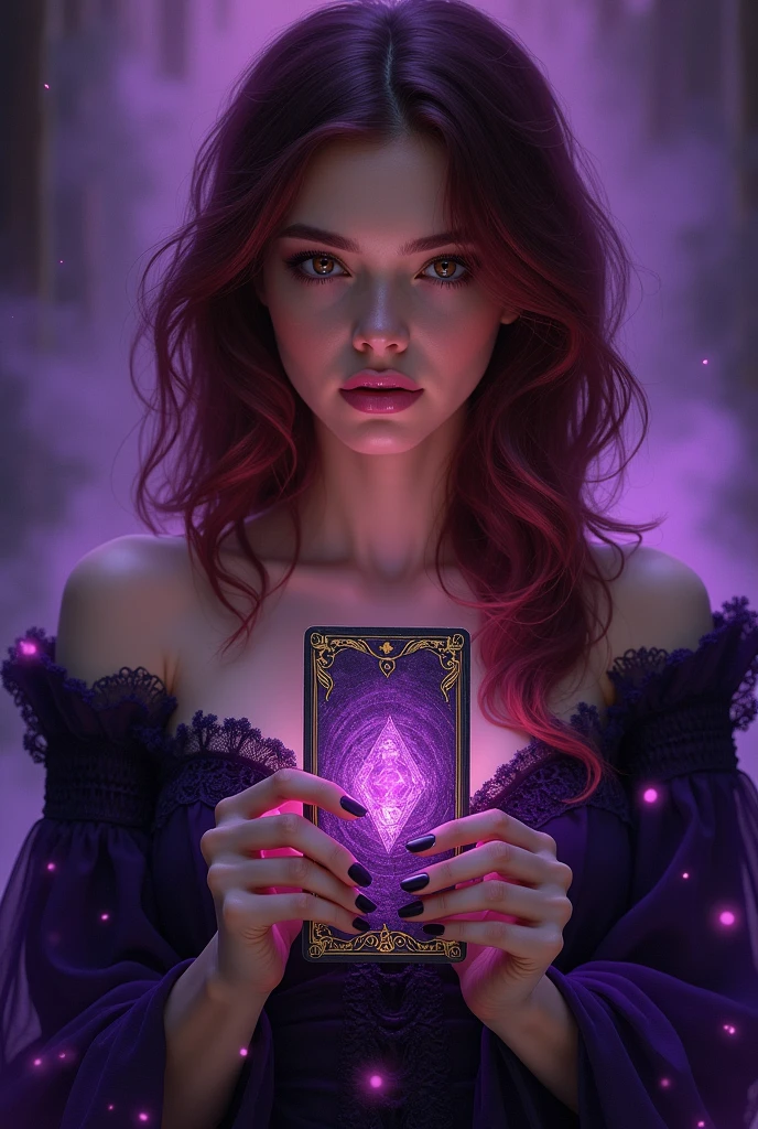 Woman with shoulder length dark red hair, light brown skin and dark brown eyes holding a tarot card and wearing a witch outfit , purple color details
