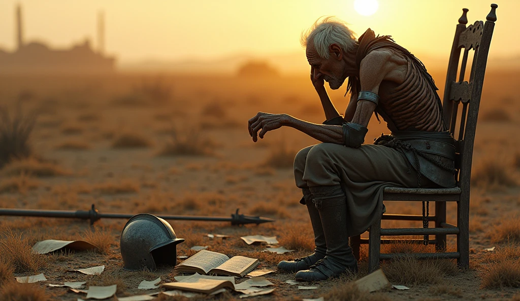 Cinematic plan , The old and bony Don Quixote of La Mancha, with his old lady , broken and rusty armor, sitting on a poor chair with his hands on his head, in the middle of a dry field, cries inconsolably . At his feet , on the floor, along with his helmet and broken spear, the torn pages of a book. sunset backlight , image of loneliness, sadness, despair.