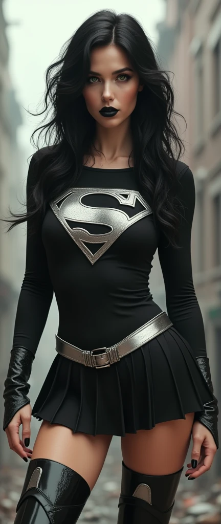 A BUSTY SEXY FEMALE WITH MEDIUM LONG MESSY BLACK HAIR, DREAMY GREEN EYES, WEARING A BLACK SUPERGIRL TOP WITH A BIG SHINY SILVER "S" EMBLEM ON HER CHEST, A PLEATED SHORT BLACK SKIRT WITH A SILVER LEATHER BELT, LONG BLACK BOOTS WITH SILVER TRIM, AND A LONG BLACK AND RED CAPE. BLACK LIPSTICK, BLACK FINGERNAILS. INCREDIBLY DETAILED PALE WHITE SKIN, INCREDIBLEY DETAILED FACE, INCREDIDBLEY DETAILED CLOTHING, TEXTURED SKIN PORES, TEXTURED HAIR, 8K ABSURD RESOLUTION, MASTERPIECE. PHOTO REALSITIC, HYPER REALISTIC. CHAOTIC BACKGROUND. 16K RESOLUTION. PREFESSIONAL GRADE IMAGE.