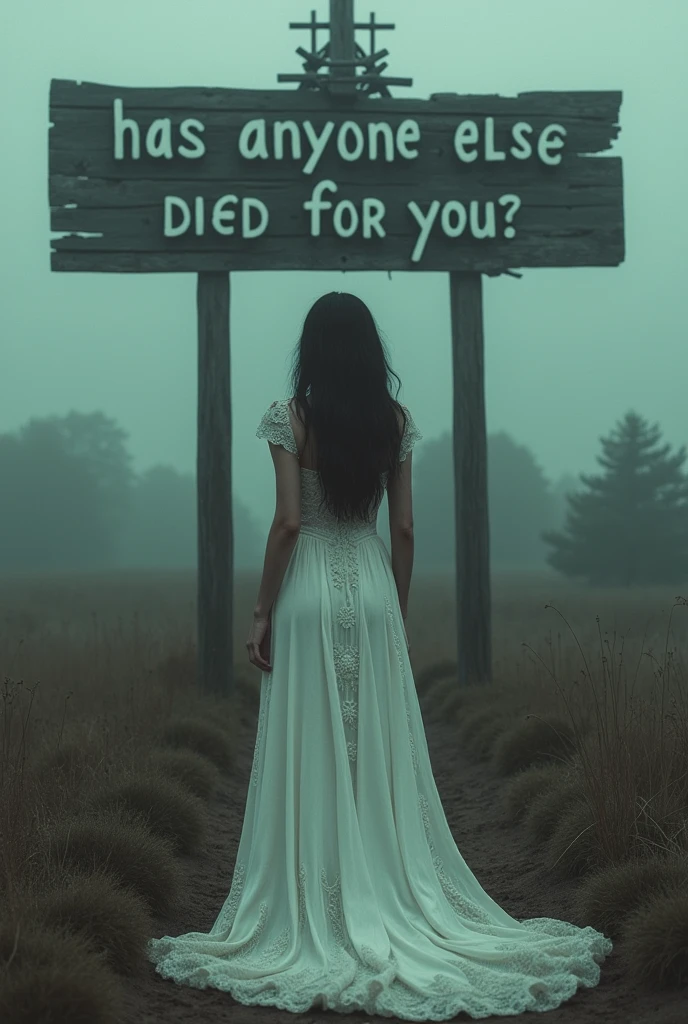 Lana del Rey dressed in white in front of a Southern Gothic Christian style sign that says "Has anyone else died for you?"