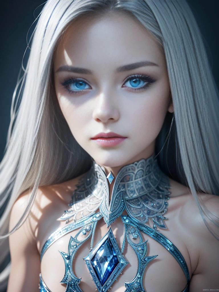 8k, (full body shot:1.4), 20-year-old Swedish girl, raw, Beautiful woman, (straight gray hair), Crystal-encrusted girl,  poses, The white skin is inlaid with transparent crystal, ((lens)), The structure is made of crystals, Hourglass body, intricate, beautifull face, elegant, highly detailed, digital hyperrealistic photography, hyperrealistic photography filigree, shyness, most beautyfull face, (masterpiece, sidelighting, (finely detailed beautifull blue eyes: 1.2)),