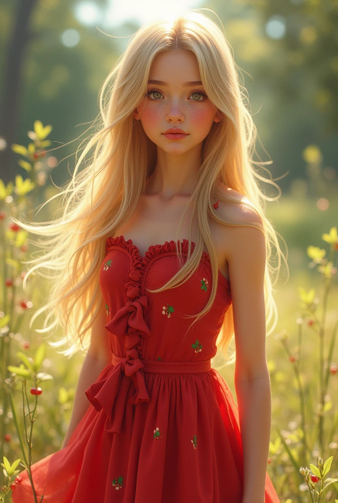 A blonde teenager with long, straight hair, red dress with cherries and a bag in hand 