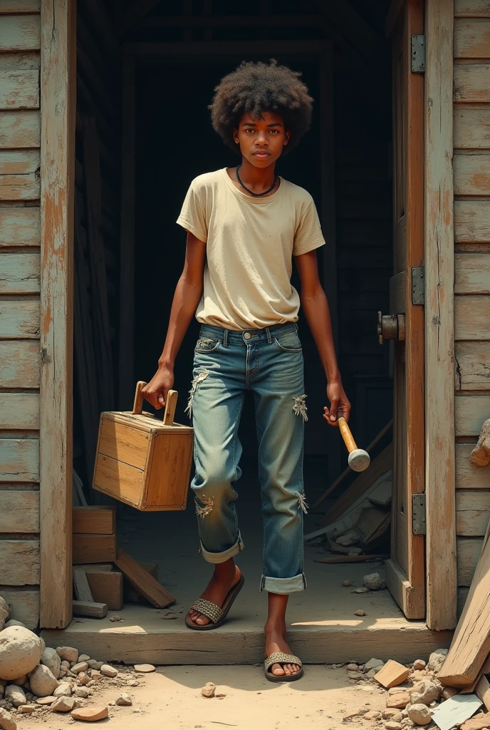 A young, athletic, poor guy with middle afro hair, short in height, dressed in torn jeans and t-shirt, wearing bathing slippers, with a wooden tool box and a wooden hammer in his hand, stepping out from an old plank house in the ghetto areas