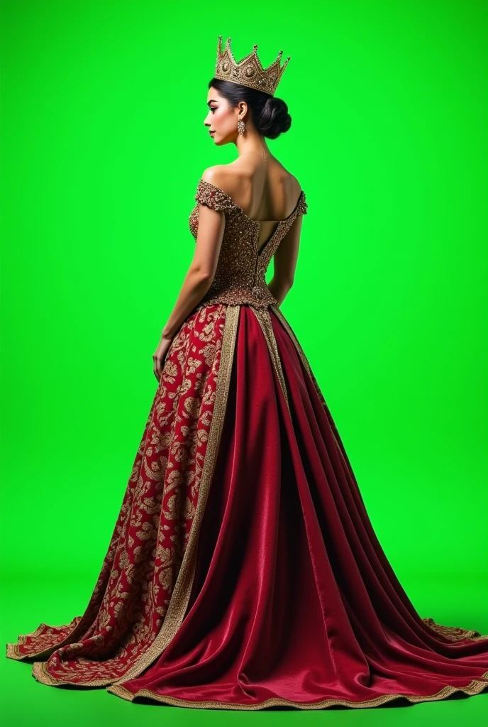 crown on the head ,A queen , colour queen dress, Rear full viewed , full size view
, plain green screen background