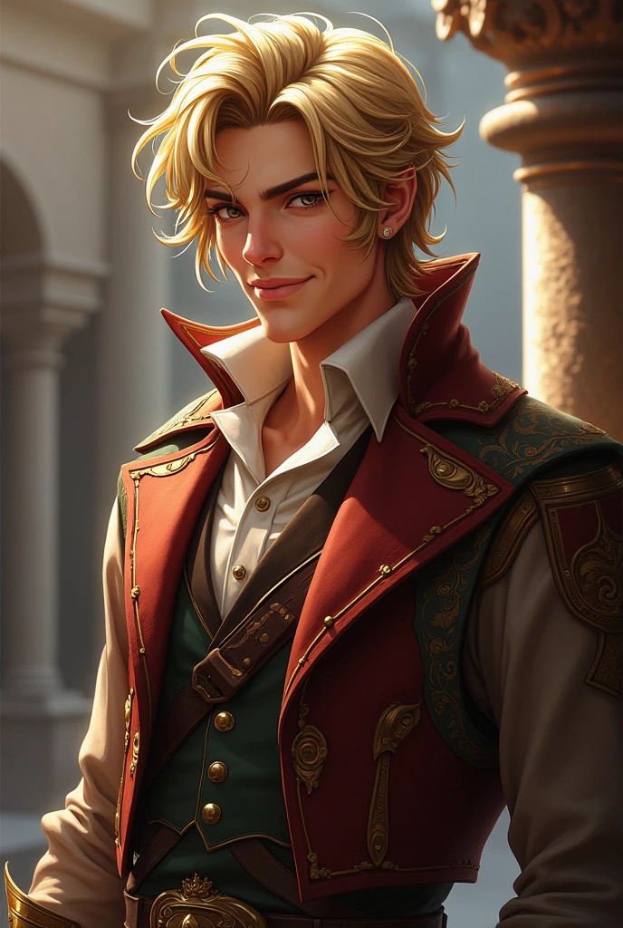 A bard, Mediovale, masculine trait, naughty man, Youngh, age 25, blond, loose, shoulder-length hair, rich face, not anime style, gallant face, snobbish face, the way you want, minder , no gay face